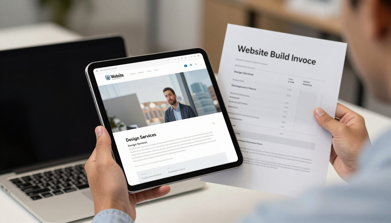 Small business owner reviewing website pricing on a tablet while comparing costs for a professional