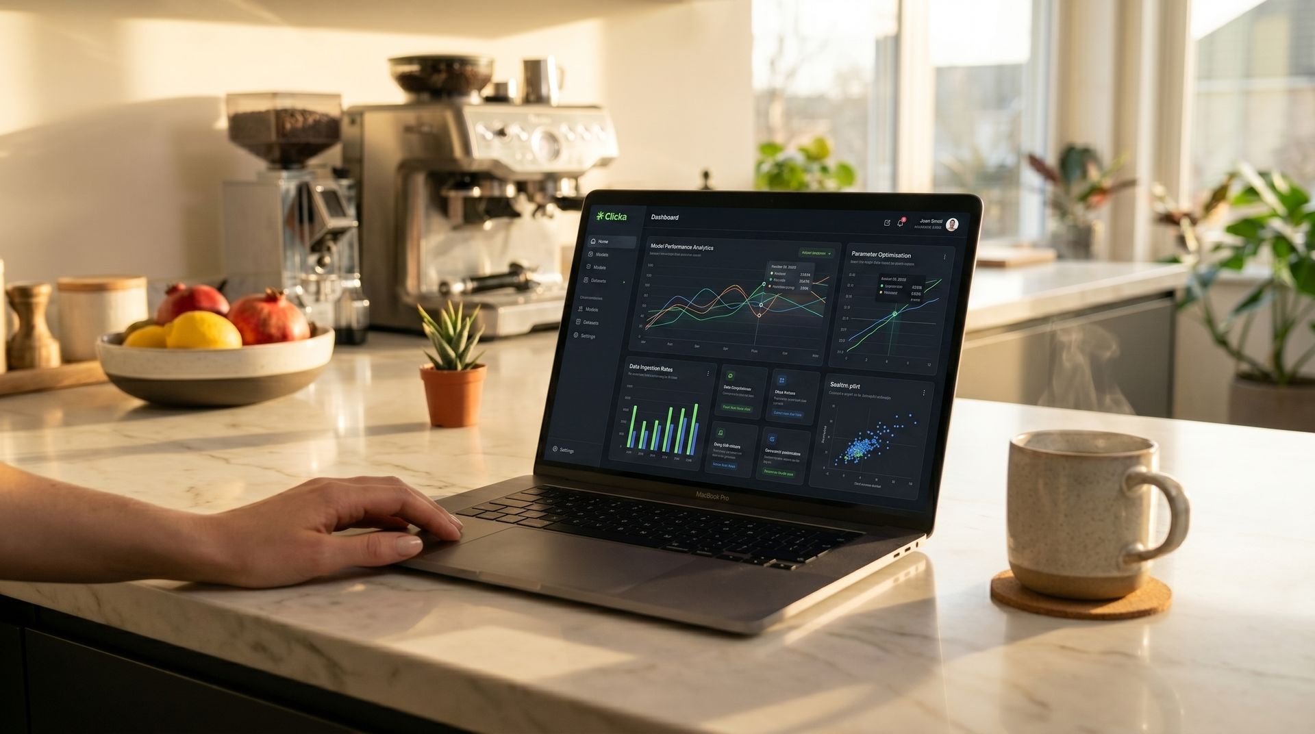 Business dashboard on an AI-powered website showing analytics, automation and customer insights for 