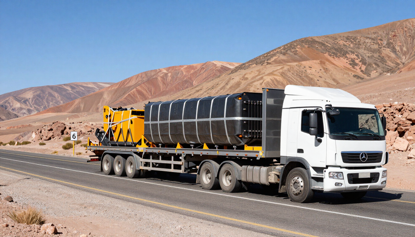 Camión de carga blanco transportando un tanque negro en una carretera desértica con colinas rocosas al fondo.