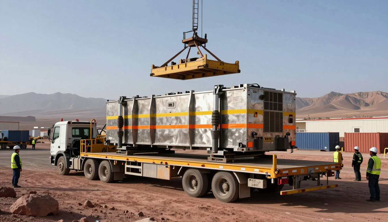 Grúa levantando una carga envuelta desde un camión de plataforma en un lugar de trabajo en el desierto.