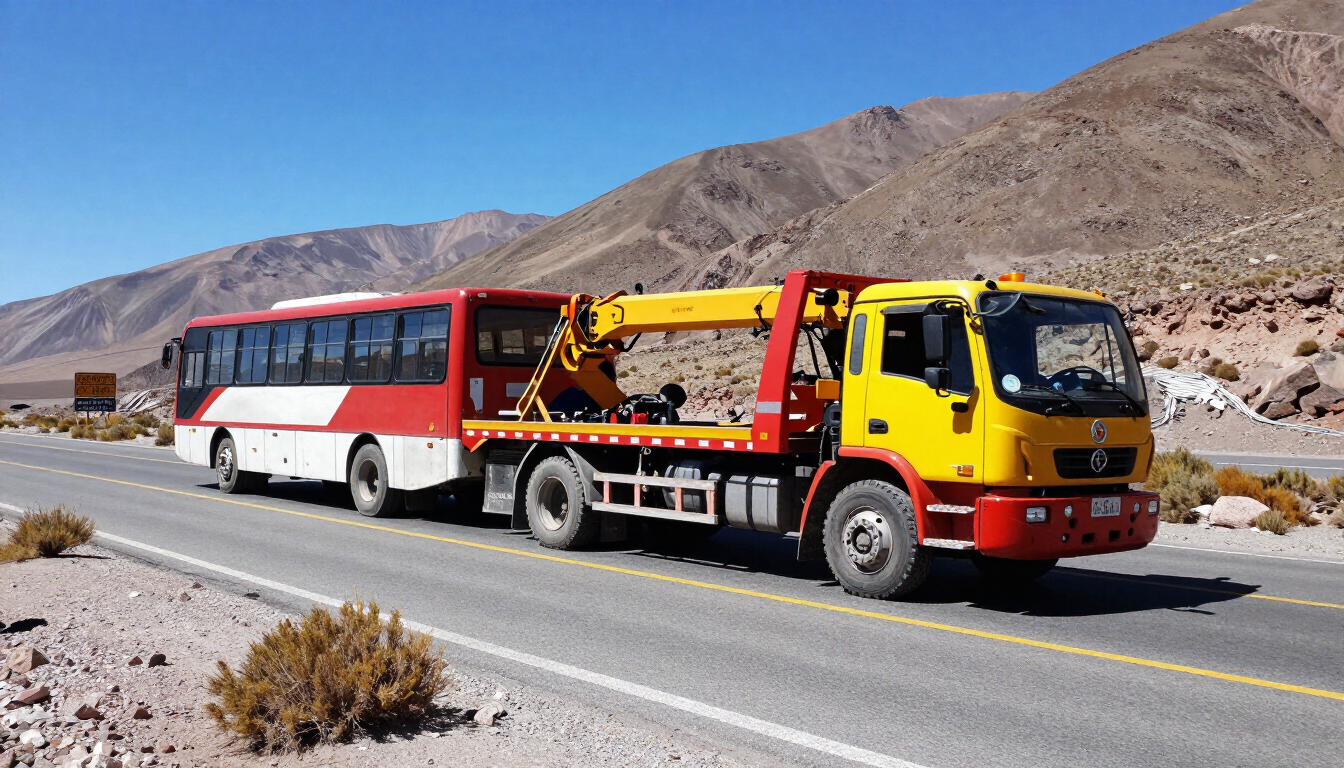Una grúa remolca un autobús rojo y blanco en una carretera desértica con montañas al fondo.