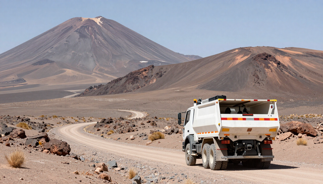 Camión volquete blanco en una polvorienta carretera desértica con colinas volcánicas al fondo.