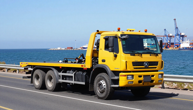 Una grúa de plataforma amarilla circula por una carretera costera con el mar y las grúas portuarias al fondo.