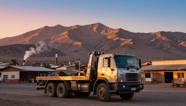 Camión amarillo de plataforma estacionado en un lote con montañas al fondo al atardecer.