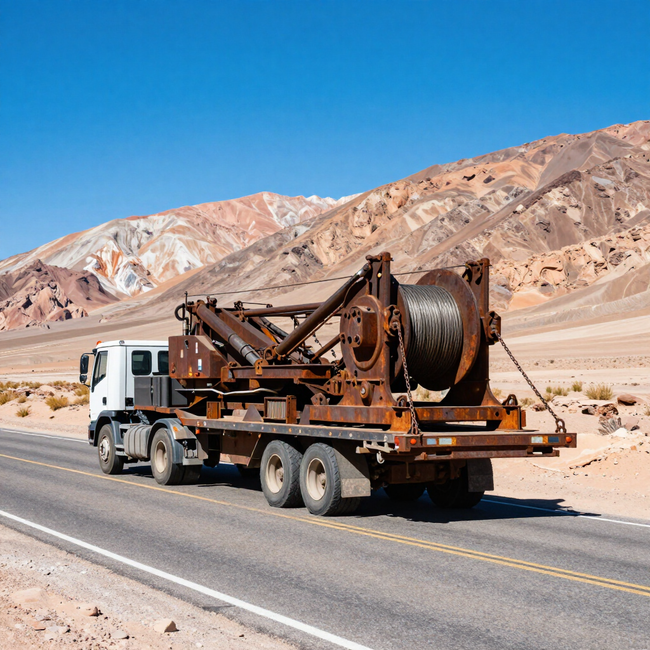 Una grúa blanca transporta maquinaria pesada oxidada por una carretera desértica con montañas rocosas al fondo.