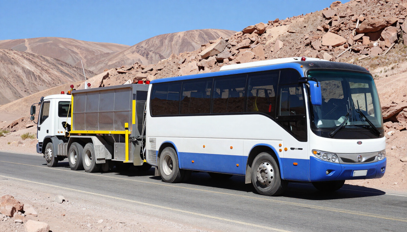 Autobús de pasajeros blanco y azul remolcando un camión de plataforma gris por una carretera desértica con colinas rocosas.