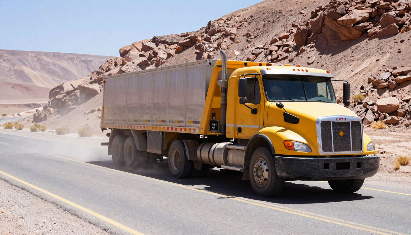 Un camión volquete amarillo circula por una carretera desértica junto a colinas rocosas.