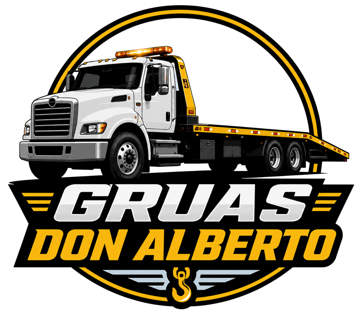 Logotipo de una grúa blanca con la inscripción “GRUAS DON ALBERTO” en letras negras y doradas en negrita.
