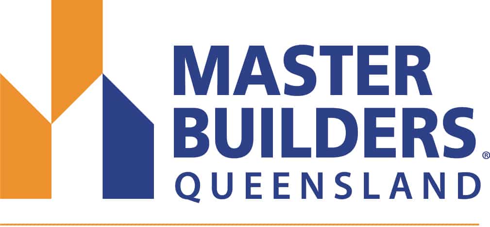 The logo for master builders queensland is blue and orange.