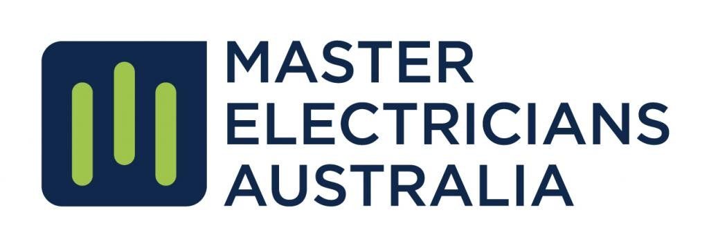 The logo for master electricians australia is blue and green.