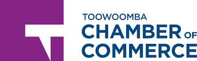 The logo for the toowoomba chamber of commerce is purple and blue.