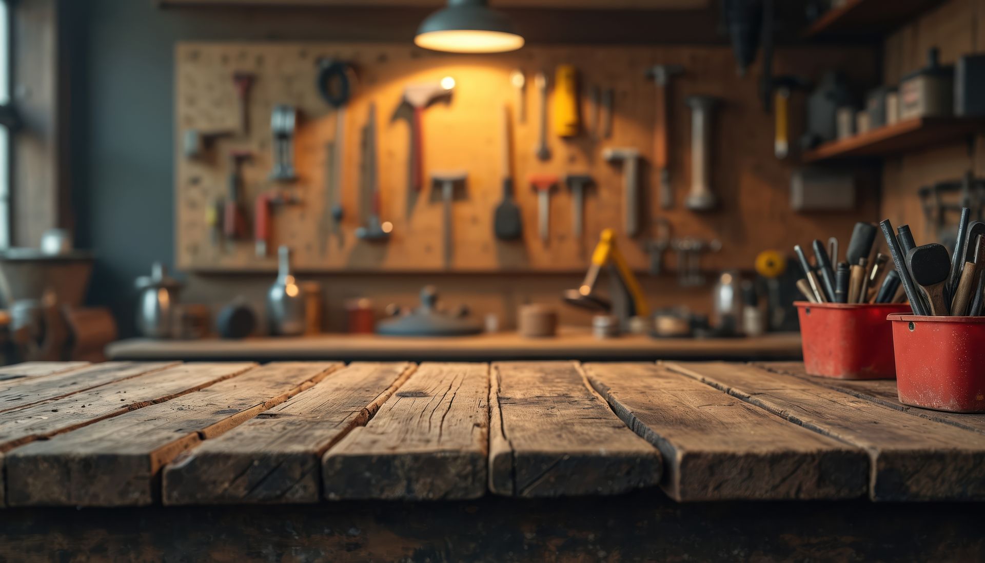 A rustic wooden workbench with a blurred workshop background featuring tools and shelves.
