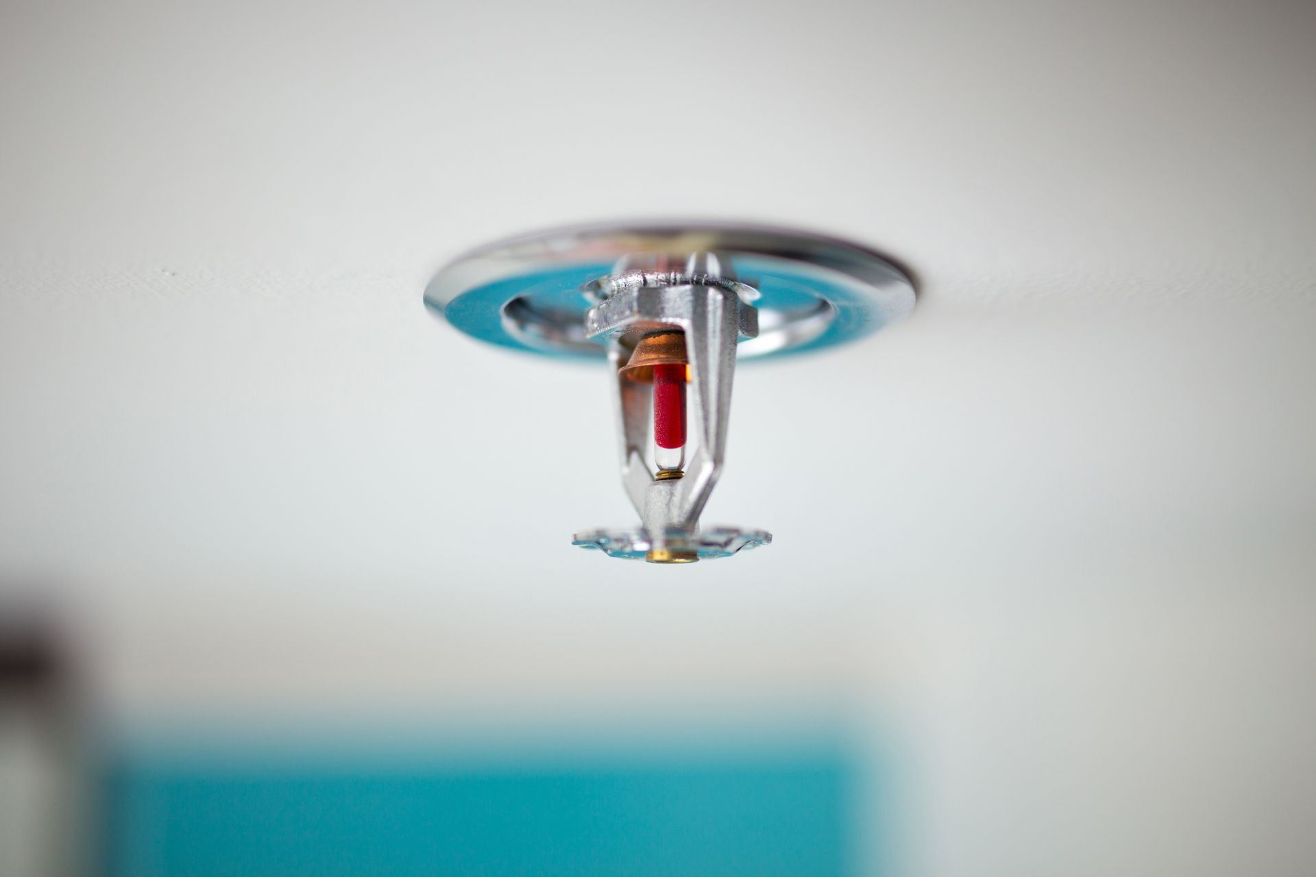 Fire sprinkler head mounted in ceiling, automatic fire suppression system safety hardware.