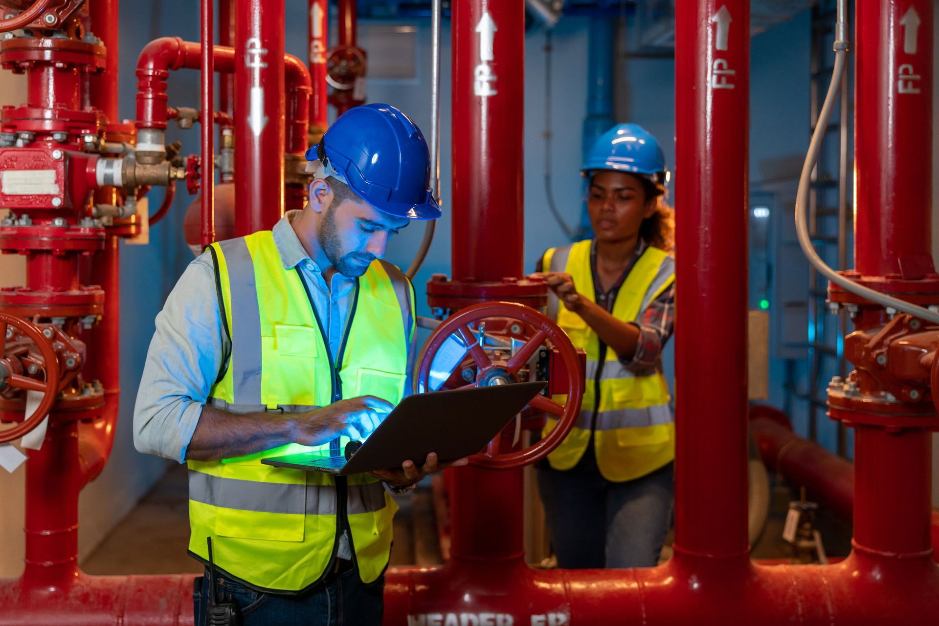 Engineer Use Laptop To Inspection Pipeline — Newark, DE — Allegiant Fire Protection