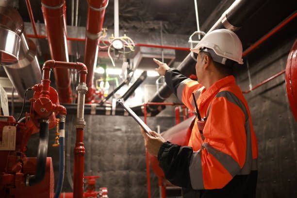 Fire Protection System Consultant inspecting safety equipment on fire extinguishing system.