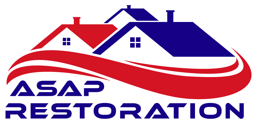 ASAP Restoration logo with red and blue house roofs and wavy red lines