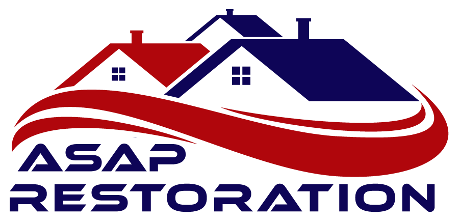 ASAP Restoration logo with red and blue house roof and swoosh design