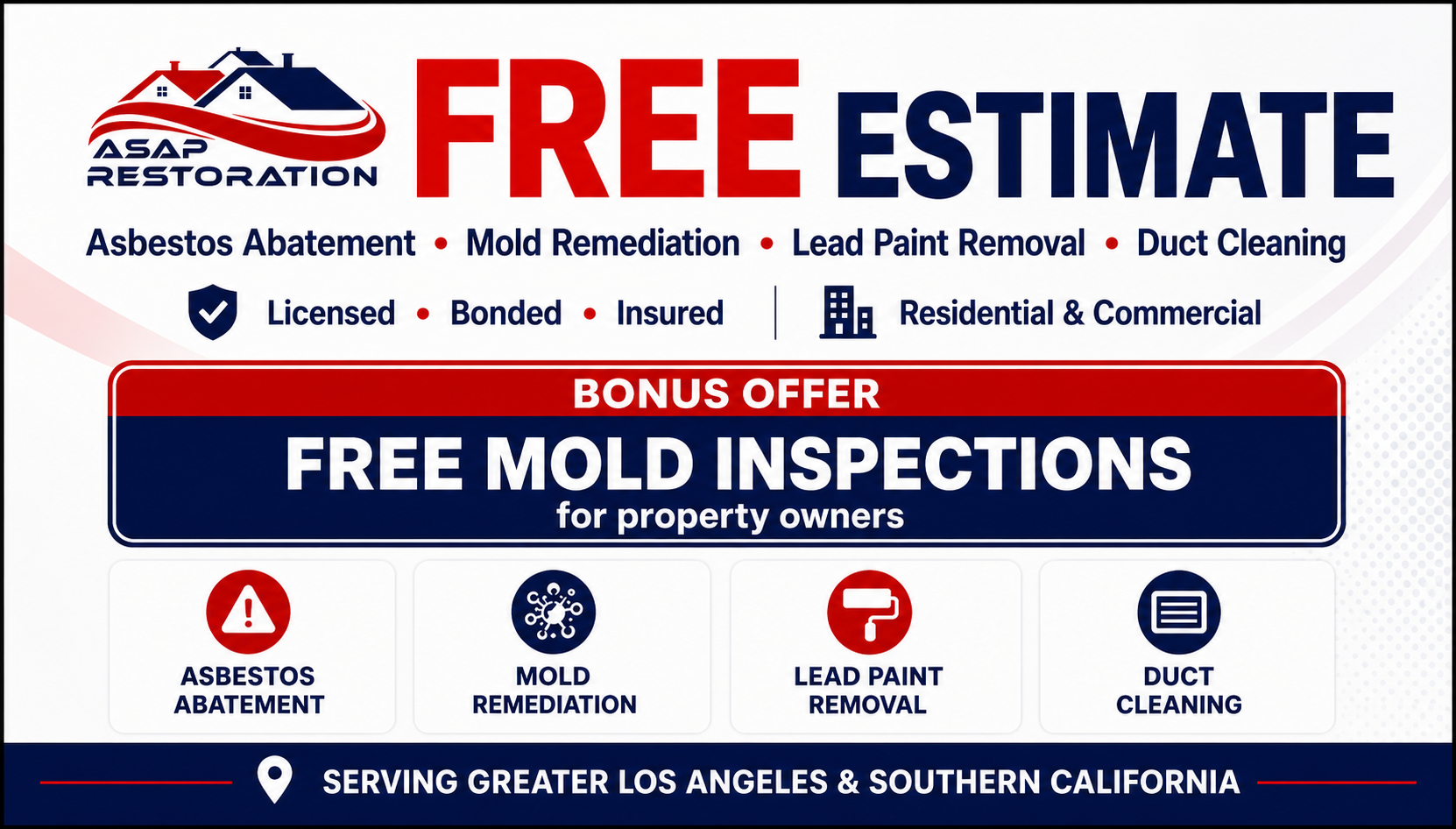 Blue-and-red ad for free mold inspections, asbestos abatement, lead paint removal, and dust cleaning in Southern California