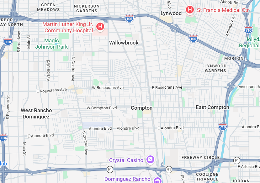 Map of Long Beach, California, with roads, neighborhoods, and nearby coastline.