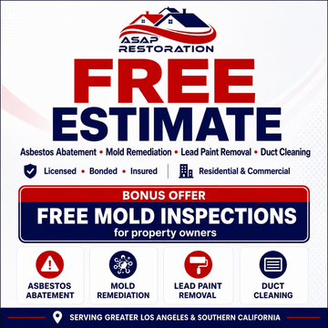 ASA Restoration ad offering free estimate, free mold inspections, and services like asbestos abatement and duct cleaning.