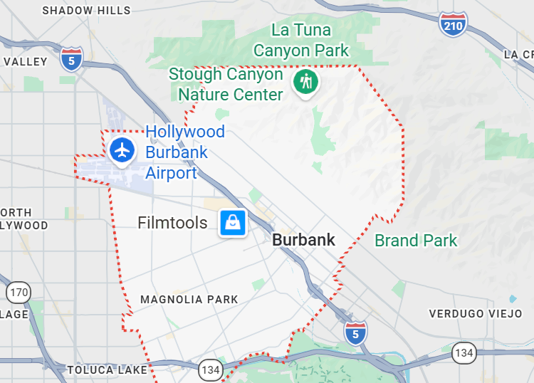 Map of Burbank, California, showing Hollywood Burbank Airport and nearby landmarks.