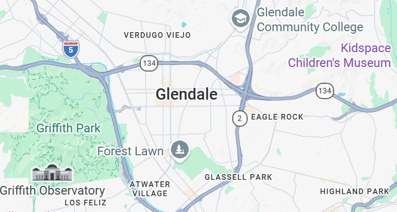 Map of Glendale, Los Angeles, showing Griffith Park, Glendale Community College, and nearby roads.