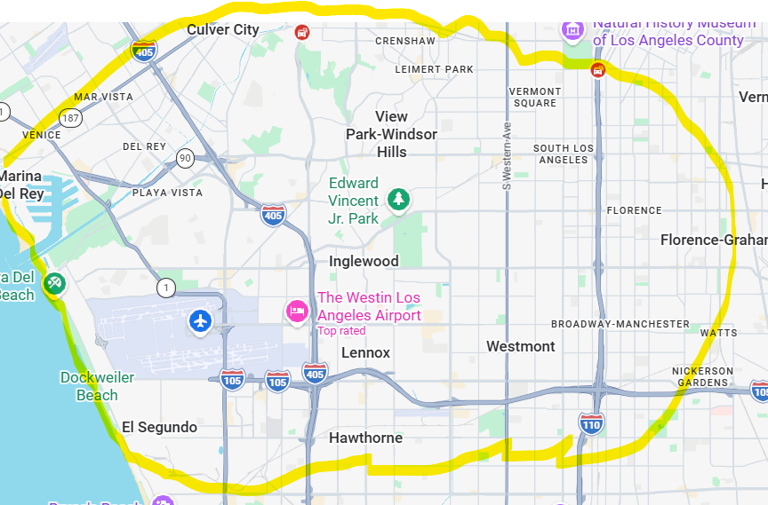 Map of Long Beach, California, with roads, neighborhoods, and nearby coastline.
