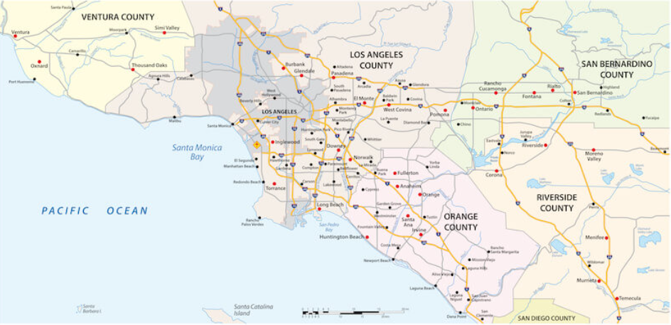 Map of Southern California and Baja California with cities, roads, and the Pacific Ocean labeled