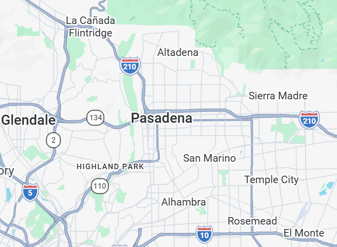 Map of Pasadena, California and nearby cities, with highways and neighborhoods labeled.