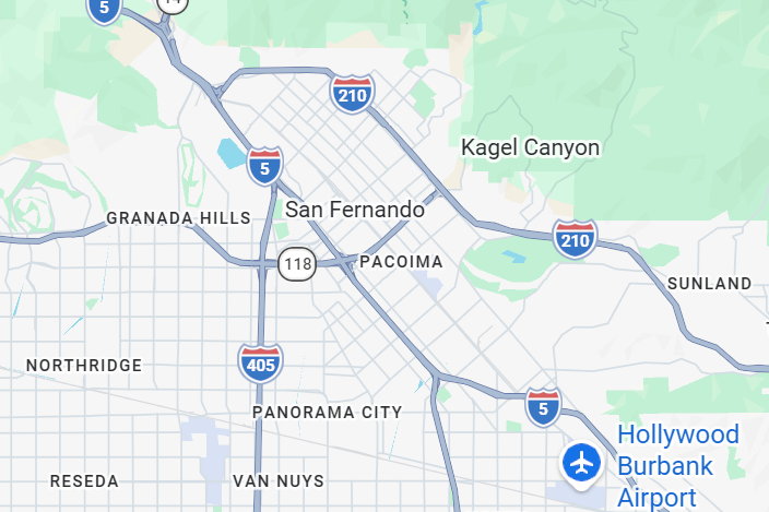 Map of the San Fernando Valley area near Los Angeles, showing highways, cities, and Hollywood Burbank Airport