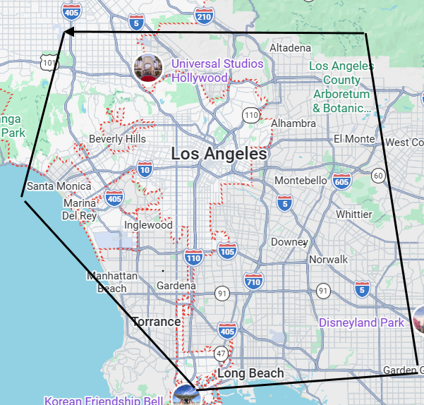 Map of Long Beach, California, with roads, neighborhoods, and nearby coastline.