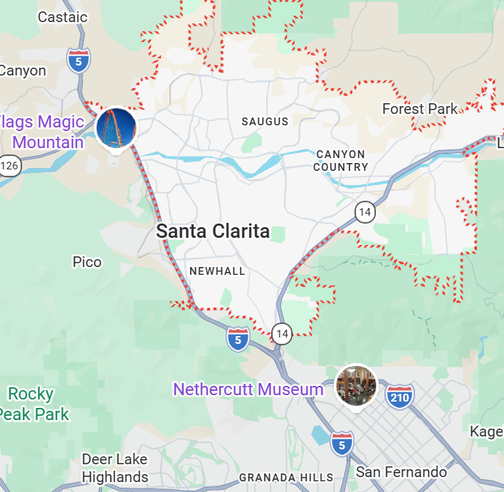Map of Santa Clarita, California, with markers near Magic Mountain and the Nethercutt Museum.