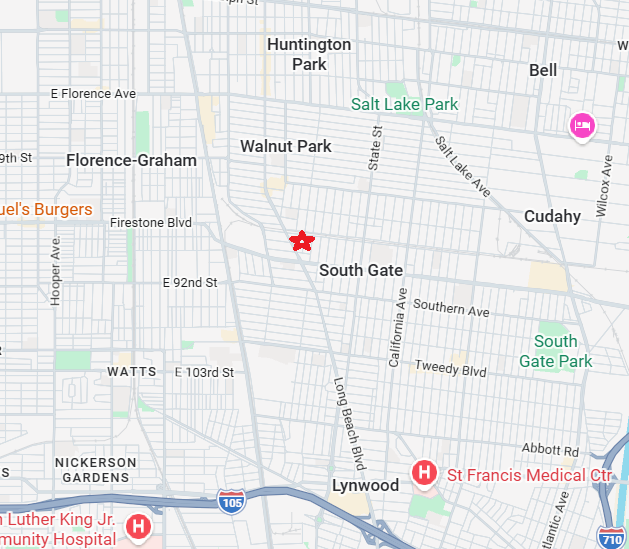 Map of Long Beach, California, with roads, neighborhoods, and nearby coastline.