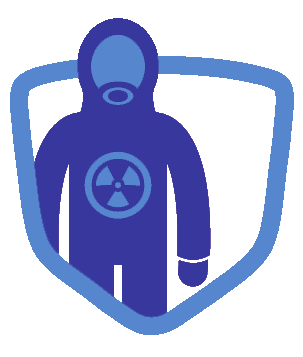 Blue hazmat suit icon with a radiation symbol inside a shield