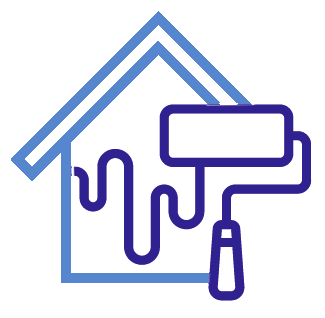 House outline with blue and purple paint roller, representing home painting or renovation
