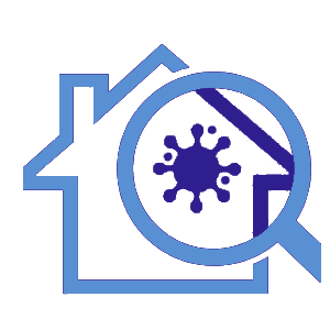Blue house outline with magnifying glass highlighting a virus icon inside