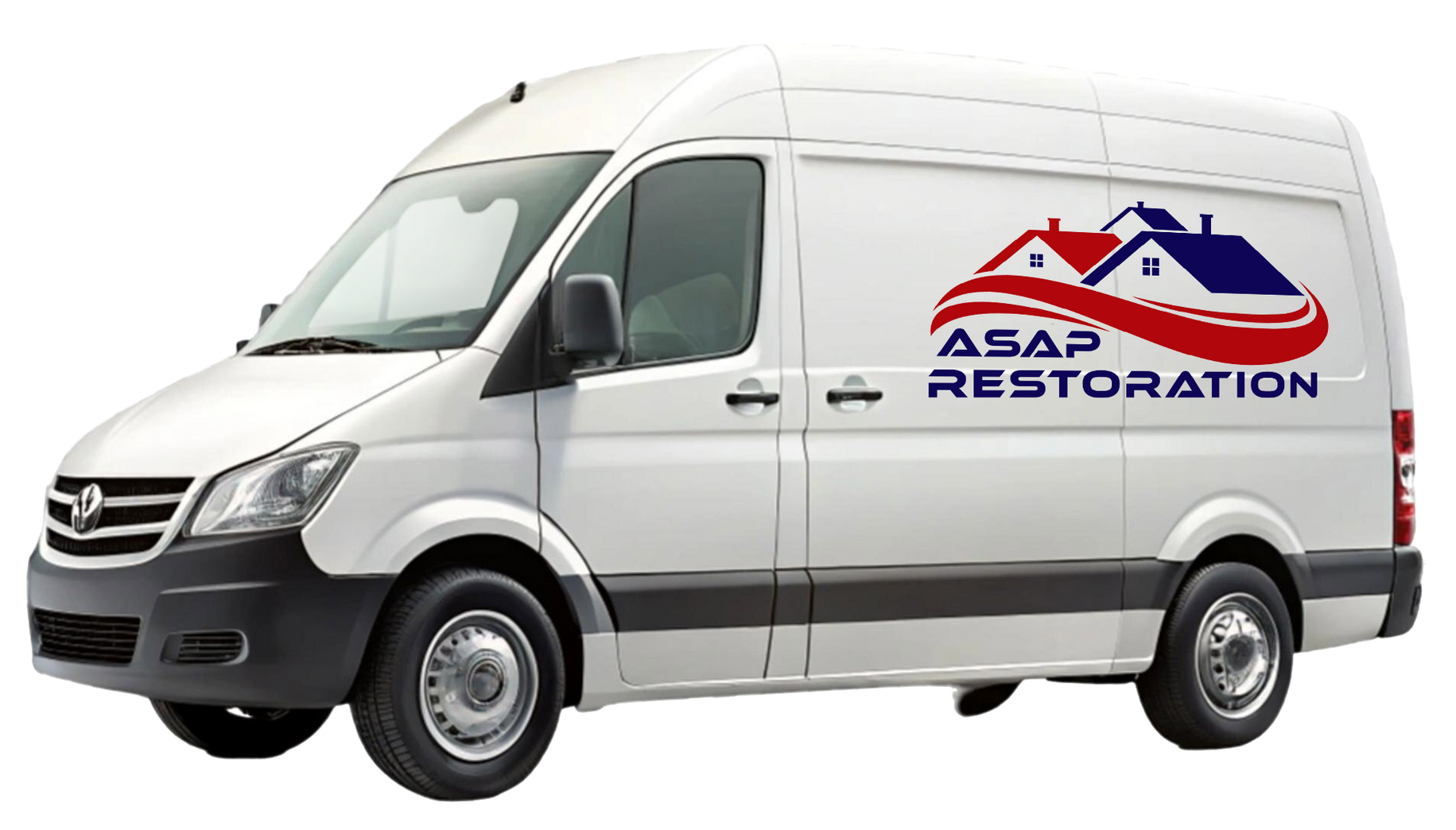 White restoration cargo van with blue and red logo on the side.