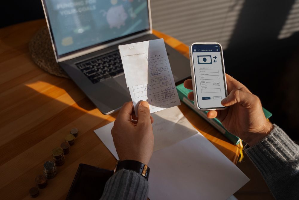 Mãos segurando um recibo e um smartphone com o aplicativo bancário aberto, perto de um laptop e moedas.