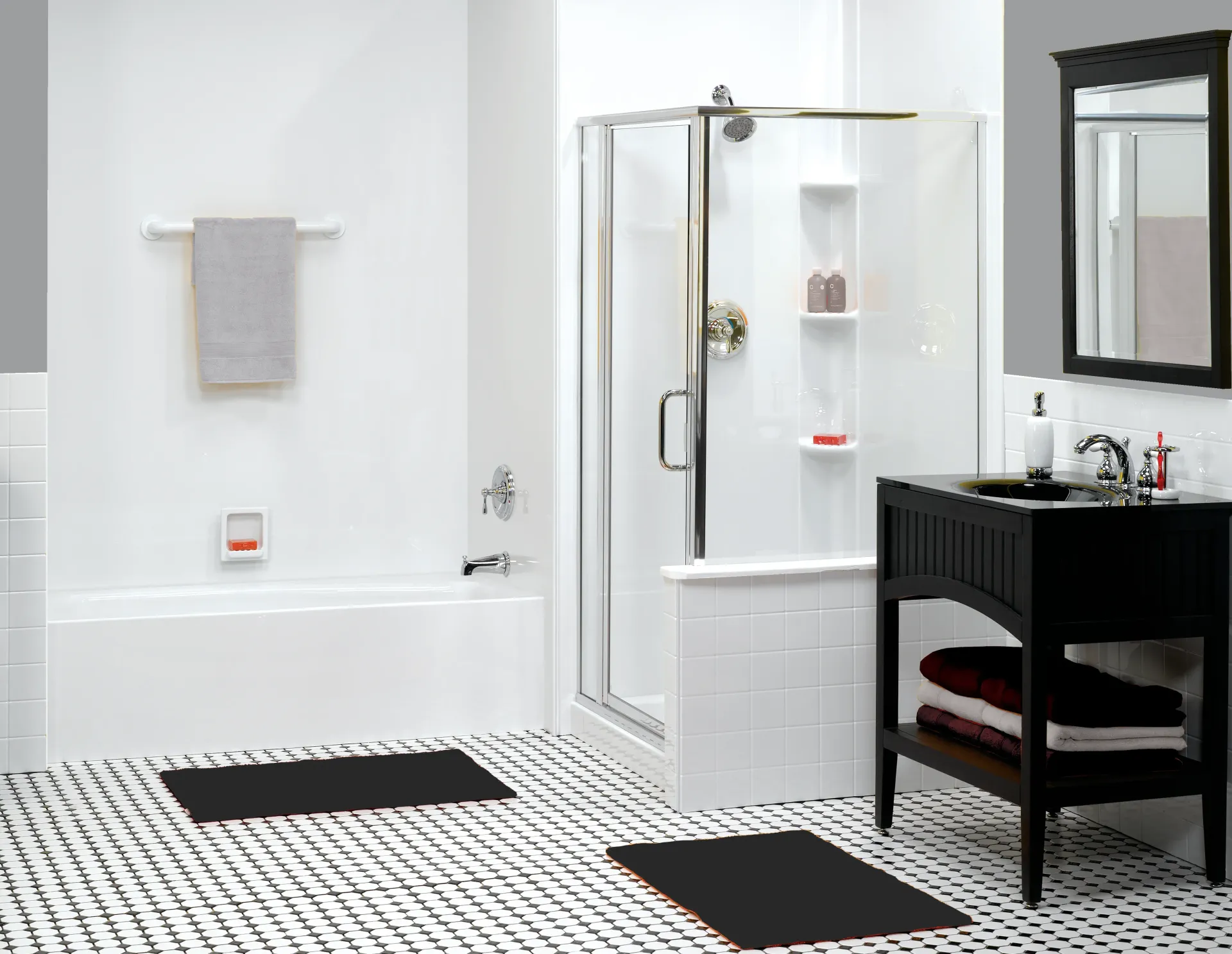 Minimal bathroom corner with white tub, wicker basket, plants, and slippers near a louvered door