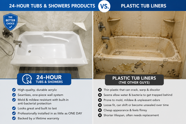 Infographic comparing a clean white bathtub with a dirty beige plastic tub liner side by side