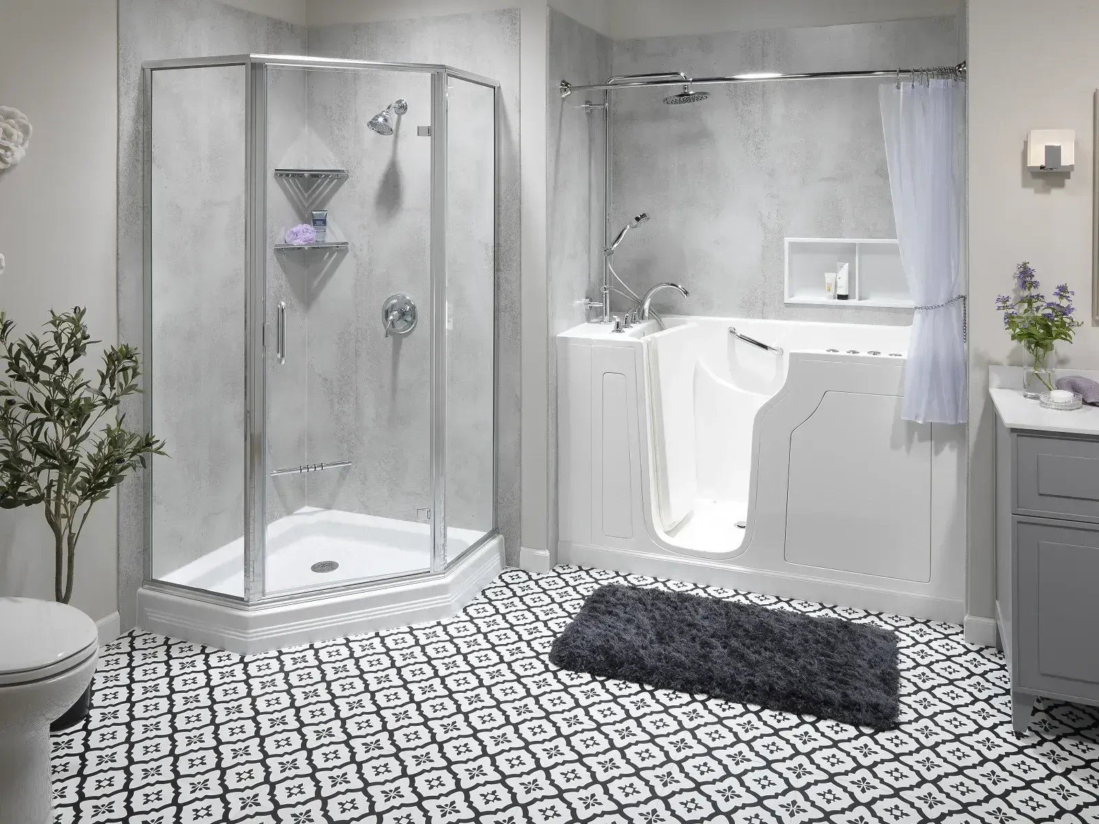 Modern bathroom with white sink, wooden vanity, bathtub shower, and light gray tile walls