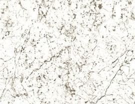 A close-up of a white marble surface featuring scattered gray veining and mineral patterns.