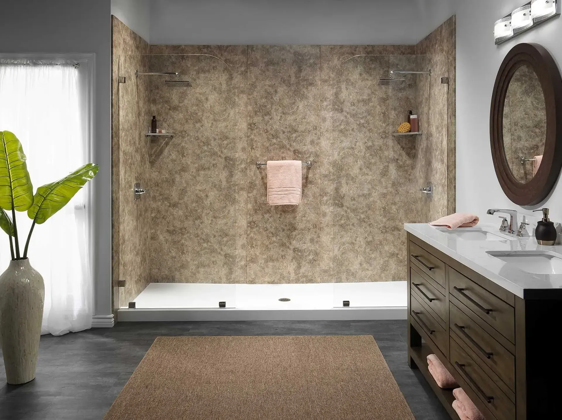 Modern bathroom with a large walk-in shower with stone-pattern walls, a dark wood vanity, and a potted plant.
