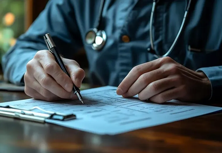 Doctor writing on a clipboard with a stethoscope around the neck