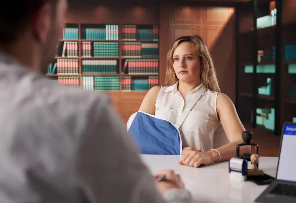 Woman in white blouse across a desk in a law office, with bookshelves and a laptop nearby.
