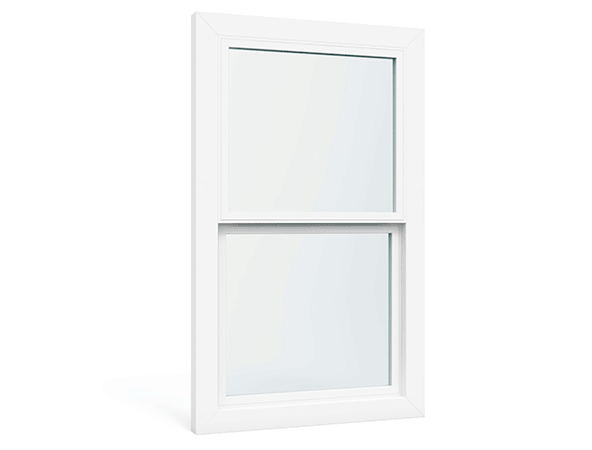 White, double-hung window with two panes of glass, set against a white background.