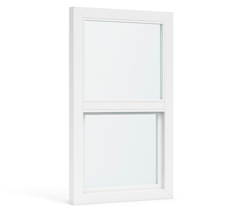 White, double-hung window with two panes of glass set in a white frame.