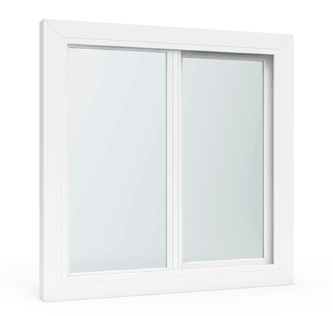 White, rectangular sliding window with two glass panels set in a white frame, on a white background.