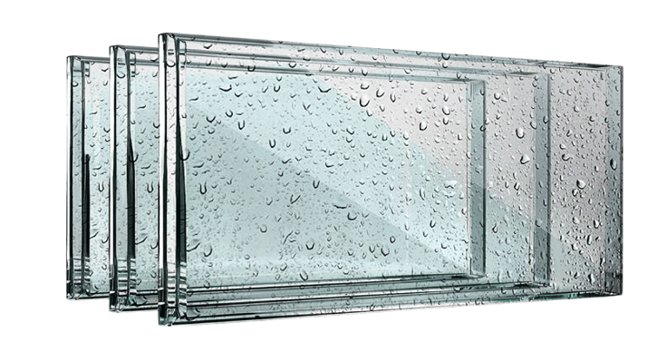 Glass bricks with condensation, stacked horizontally, slightly angled, against white.
