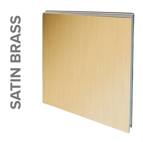 Satin brass panel with vertical grain and silver edging; label says